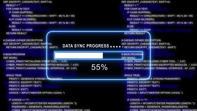 cyan glowing progress bar shows 100% percent of data sync progress on a background of computer code programming-4k black background icon animation with Glitch Effect