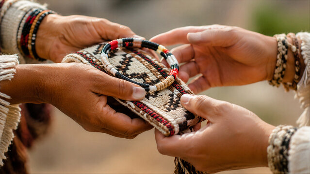 Woman and man hand holding handmade indigenous woven bracelet and fabric accessory. Traditional craft culture for International Day of the World&rsquo;s Indigenous Peoples. Ethnic artisan artwork.