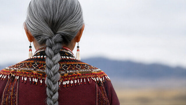 Senior indigenous woman with long grey braided hair wearing traditional beaded clothing. Authentic cultural portrait celebrating International Day of the World&rsquo;s Indigenous Peoples. Heritage.
