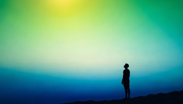 Serene silhouette of a person looking toward a beautiful abstract summer gradient background with warm sunset colors, evoking profound feelings of peace, travel, and seasonal transitions.