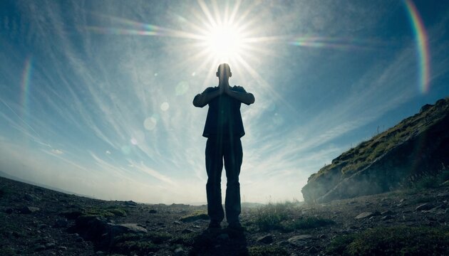 Silhouette of a devout individual praying in peaceful solitude under a magnificent golden sun flare, capturing a moment of deep spiritual connection and hope in a dramatic, atmospheric setting.