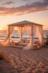Fototapeta premium Luxury beach cabana with flowing curtains and ocean sunset creating romantic seaside retreat view