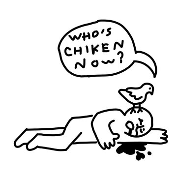 Edgy line art: bird mocking a defeated man on the floor