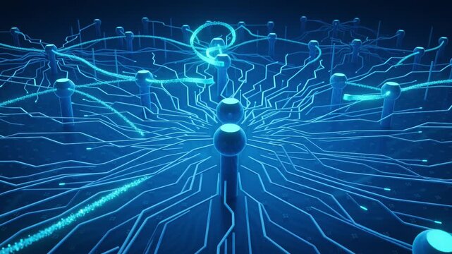 Glowing data streams flowing through a digital network node. Cybernetic circuit board with interconnected nodes transmitting information. System energy flow concept.