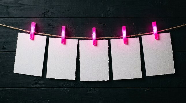 Row of five blank white heavy textured paper cards hanging from twine using glowing neon pink clothespins against a dark matte wooden wall.