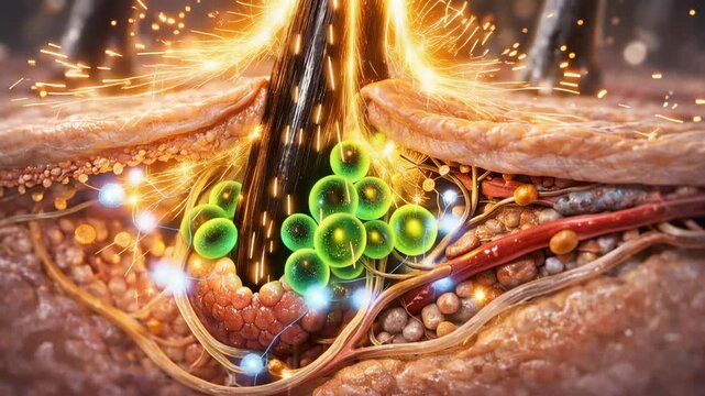 Medical illustration showing hair follicle structure and immune activity within healthy skin tissue layers