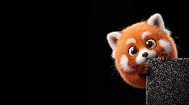 Cute red panda character peeking from behind a dark textured wall against a solid black background, funny 3D animal illustration with big expressive eyes, copy space. Adorable fluffy mascot design art