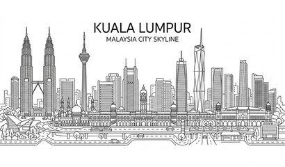 Kuala Lumpur city skyline line art vector illustration on white background © MDMunna