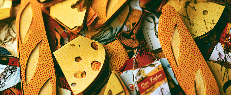 A stylish halftone art collage featuring a collection of French cuisine paper cutouts, including a baguette, cheese, and wine labels. The designs incorporate classic dot patterns and sketches, alongsi