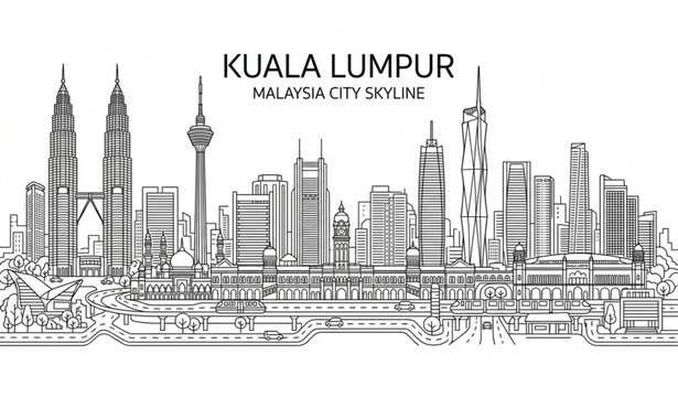 Kuala Lumpur city skyline line art vector illustration on white background