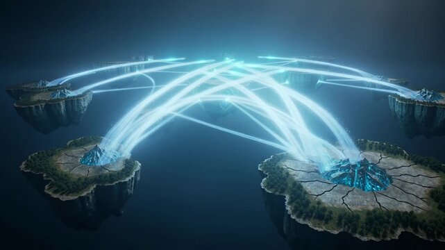 Floating islands connected by glowing blue light beams. Network of levitating terrain with energy transfer. Digital infrastructure concept for global connection.
