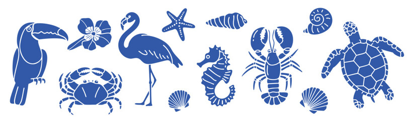 Tropical Ocean Life Collection - Blue Silhouette Vector Set with Sea Turtle, Flamingo, Toucan, Crab, Lobster, Seahorse, Starfish and Seashells © дима селиванов