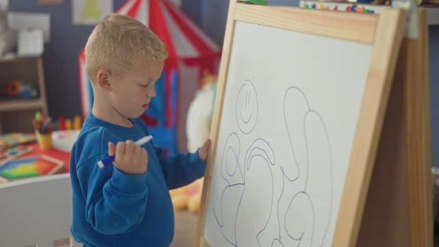 Boy little blond child drawing on whiteboard easel, holds marker with right hand tracing round shapes in studio playroom; concentration curiosity.