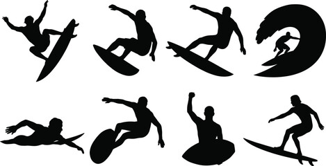 Professional surfing vector silhouette icon set featuring surfers paddling tube riding and executing dynamic wave maneuvers © Designer Arif