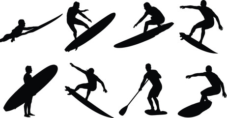 Fototapeta premium Surfing and stand-up paddleboarding vector silhouette icon set featuring surfers riding waves and paddling boards