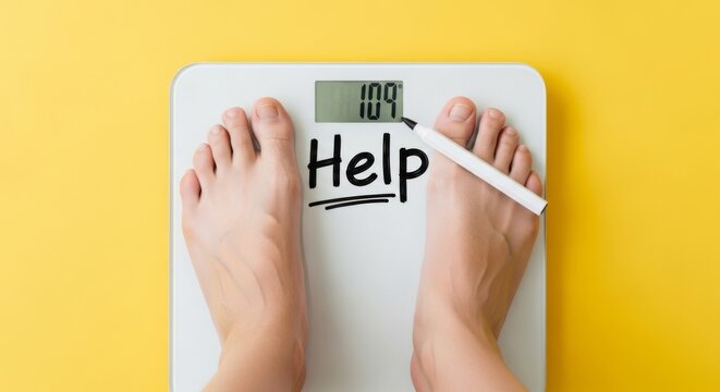 Weight scale with feet showing number 109 and "HELP" message, symbolizing struggle with weight loss