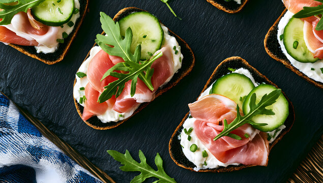 Black bread sandwiches topped with cream cheese, prosciutto, cucumber, and arugula. View from above with ample space for text.