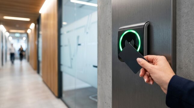 Woman in business suit using an access card to enter a modern office building with blur background. Digital identification for secure entry to corporate workplace.
