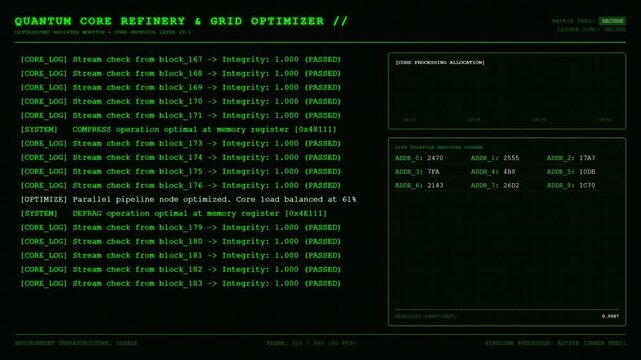 Quantum core refinery grid optimizer scifi green interface screen.