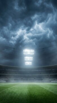 Empty stadium field under dramatic stormy clouds with bright stadium lights