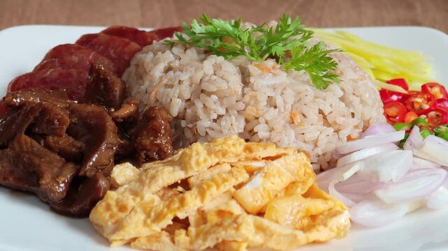 Shrimp Paste Fried Rice with Side Dishes on a White Plate