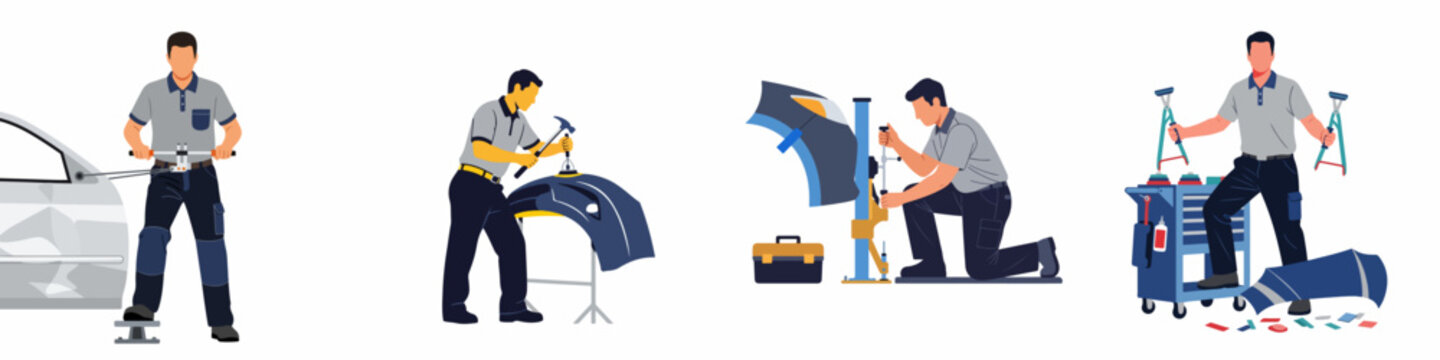 Set of illustrations showing car body repair professionals using specialized tools for dent removal, bumper repair, and part alignment in a workshop.