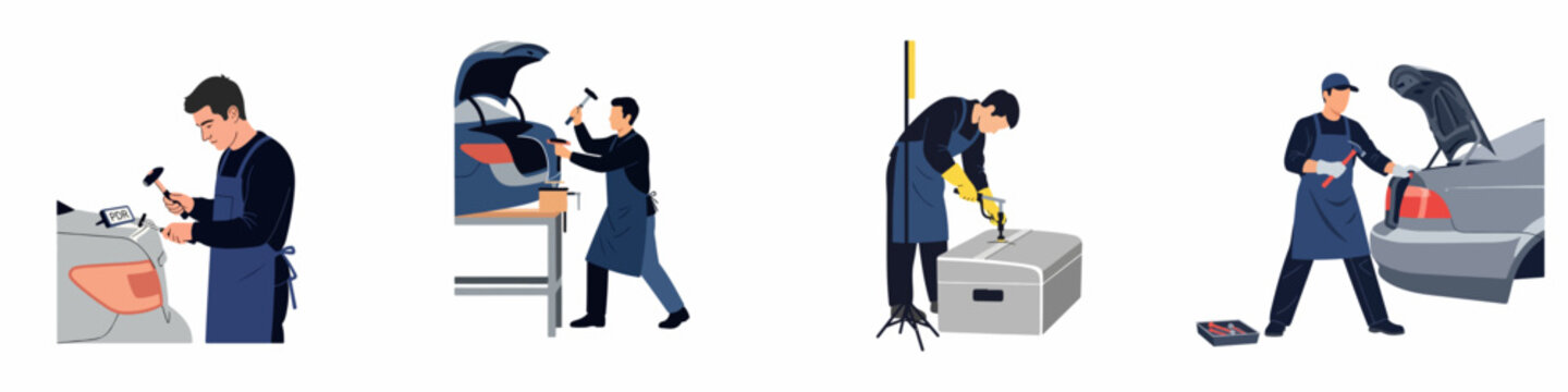 Professional car mechanics performing paintless dent repair (PDR) on vehicles in an auto body shop set of illustrations.