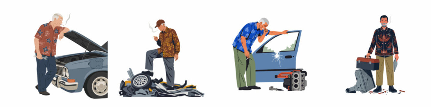Set of illustrations featuring elderly men as mechanics and car enthusiasts working with old vehicles and scrap metal parts.