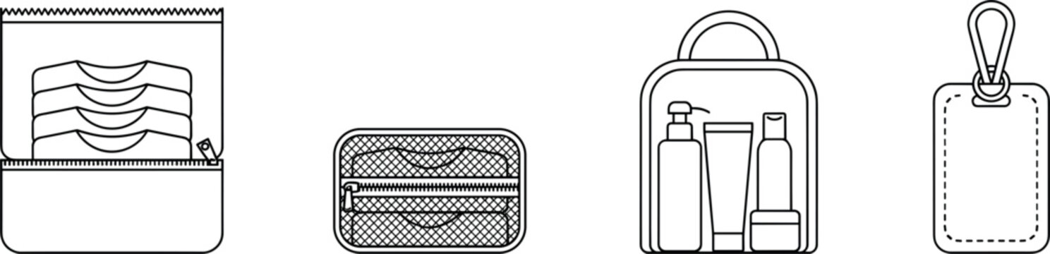 Travel Luggage Organization Icon Set Featuring Packing Cubes for Clothes, Mesh Cosmetic Case, Clear Toiletry Bag, and Blank Suitcase Tag Vector Illustration