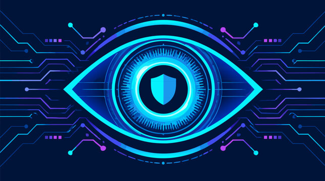 Futuristic digital cyber security glowing eye vector illustration, representing surveillance, artificial intelligence, biometric scanning, data protection, and advanced privacy technology systems