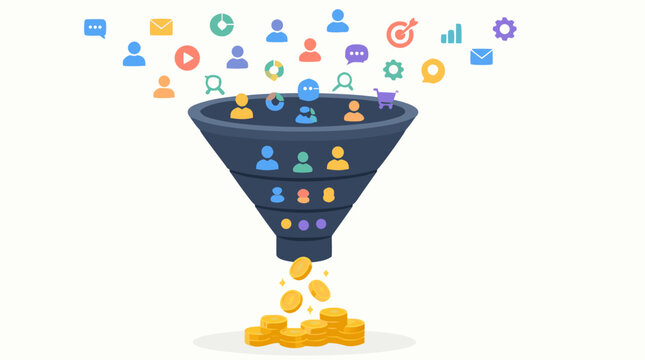 Professional flat vector illustration of a sales funnel processing various business icons and converting them into shiny gold coins, representing marketing optimization and ROI success.