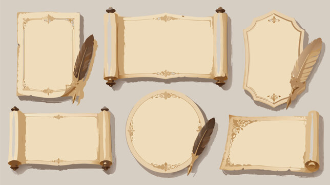 Antique blank parchment scroll paper with a traditional quill feather pen for writing, flat vector illustration template for old document or historical letter on a clean white background.