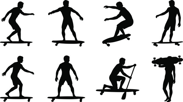Longboarding and land paddling silhouette icon set featuring skateboarders riding cruising and carrying boards