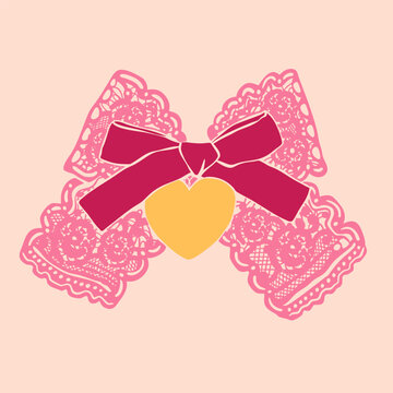 Elegant colorful Bow knot ribbon. Beautiful lace ornament. Hand drawn Vector illustration. Wedding invitation, greeting card, Valentine day, fashion, decoration concept. Isolated design element