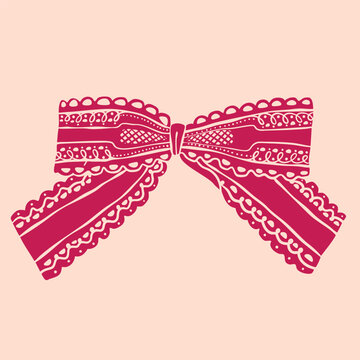 Elegant colorful Bow knot ribbon. Beautiful lace ornament. Hand drawn Vector illustration. Wedding invitation, greeting card, Valentine day, fashion, decoration concept. Isolated design element