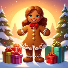Fototapeta premium Cheerful Gingerbread Girl Standing with Gift Boxes in Snowy Christmas Forest