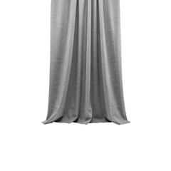 Fototapeta premium A single grey fabric curtain panel hanging vertically with soft folds and drapes, isolated on a plain white background, for home decor