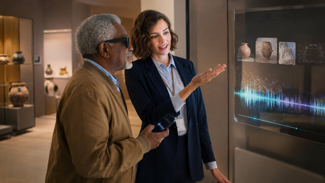 Two people examining interactive technology display in museum setting.