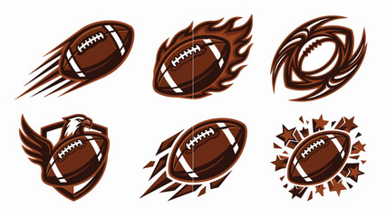 Fototapeta premium Set of american football ball icons, sports equipment design elements with motion effects, fire, eagle shield, and star bursts