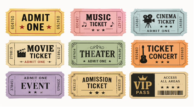 Vintage movie ticket collection, retro cinema and concert admission stubs, set of 9 colorful event ticket vector illustrations isolated on White Background