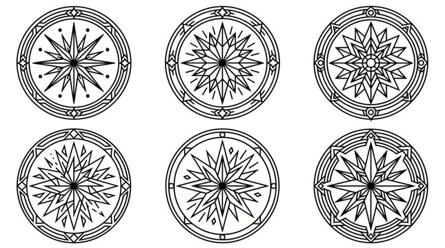 Set of 6 Decorative Compass Rose Designs, Nautical Star Ornaments, Vector Graphics
