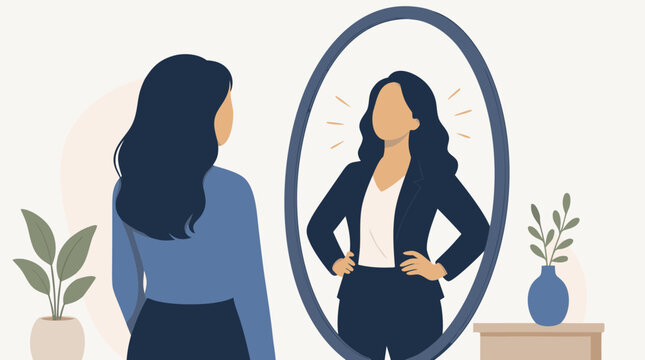Empowering Concept of a Faceless Person Looking into a Mirror and Seeing a Confident Happy and Successful Reflection, Flat Vector Illustration Representing High Self-Esteem and Positive Mindset.