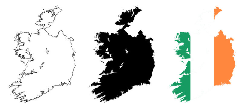 Ireland Detailed Country Map with  National Flag Silhouette and  Country Outline, Geographic Boundaries.