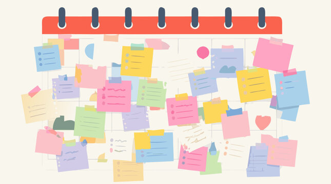 Abstract calendar covered with too many overlapping messy task notes, stress and workload concept, flat vector illustration isolated on light background for productivity and time management themes.