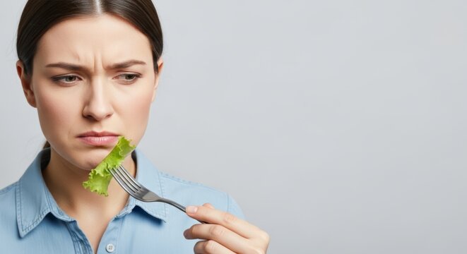 Young woman with a displeased expression looking at a fork with lettuce. Unhappy girl trying to eat healthy