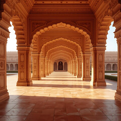 Fototapeta premium Interior palace corridor within Amber Fort, ornate arches and carved details, bright natural illumination, large uncluttered wall surfaces creating 