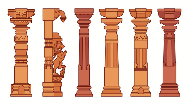 Collection of Decorative Architectural Pillars in Warm Earth Tones, Showcasing Intricate Carvings and Traditional Designs