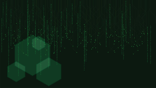 Falling green binary code data stream with hexagon overlay