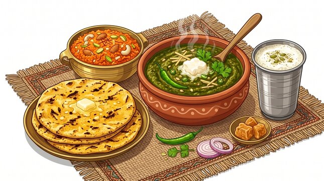 Traditional Punjabi Sarson Ka Saag and Makki Ki Roti, authentic Indian thali with buttermilk and jaggery, rustic vegetarian meal on woven mat