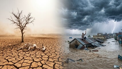 Fototapeta na wymiar Drought Versus Flood Climate Change Contrast - Extreme Weather Concept 